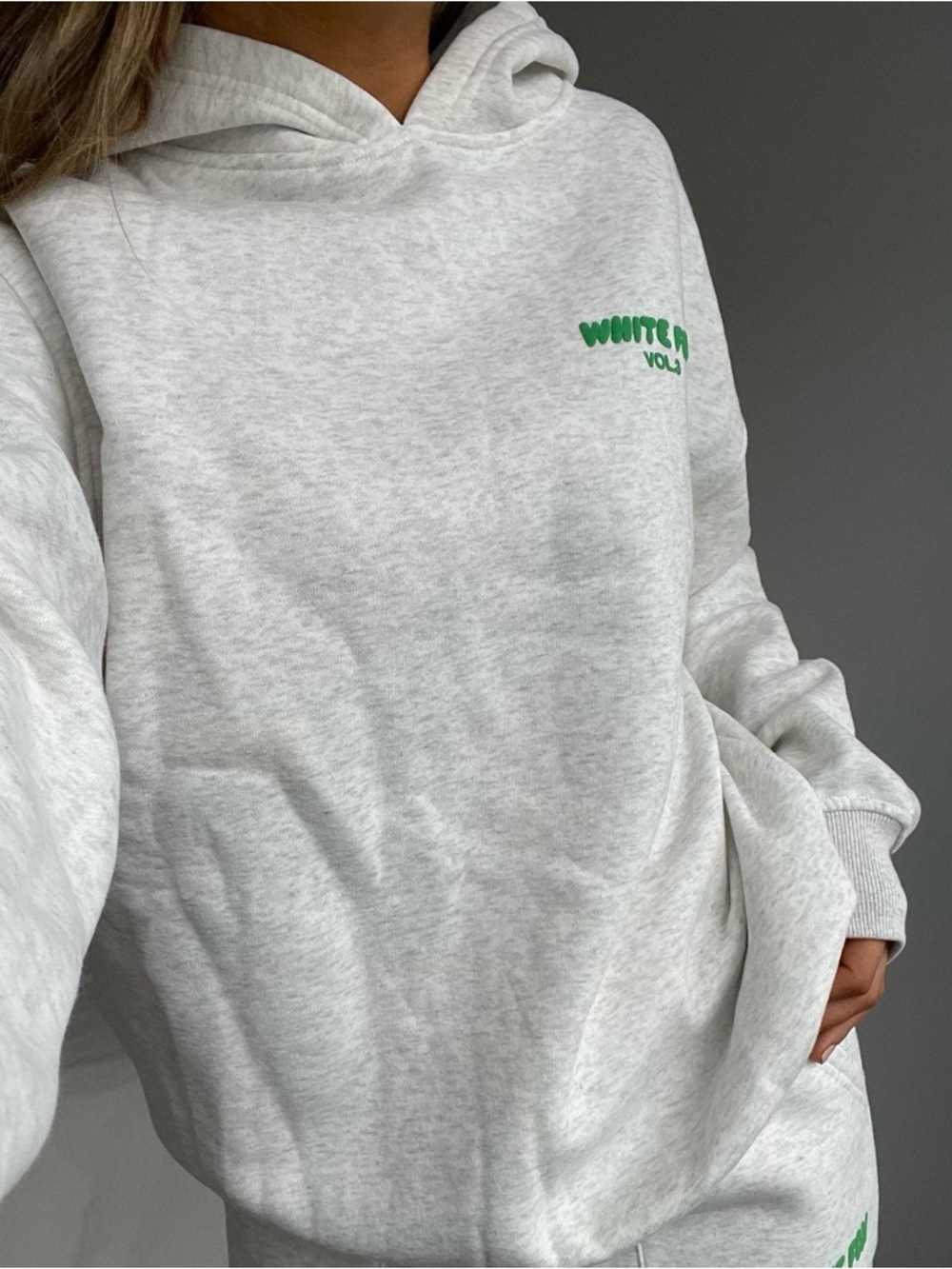 White  Fox Heather Gray Hoodie with Small Green Logo
